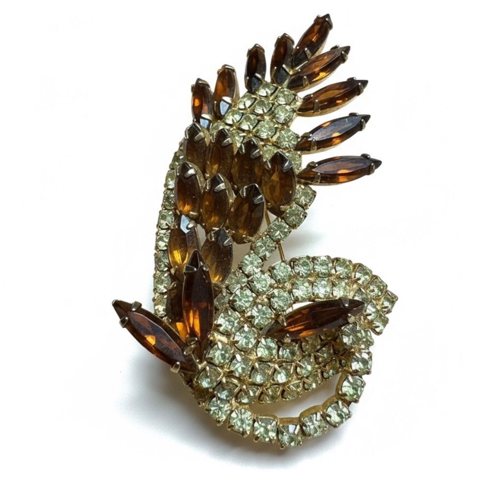 Vintage Juliana Style Amber & Yellow Rhinestone Leaf Brooch Gold Tone